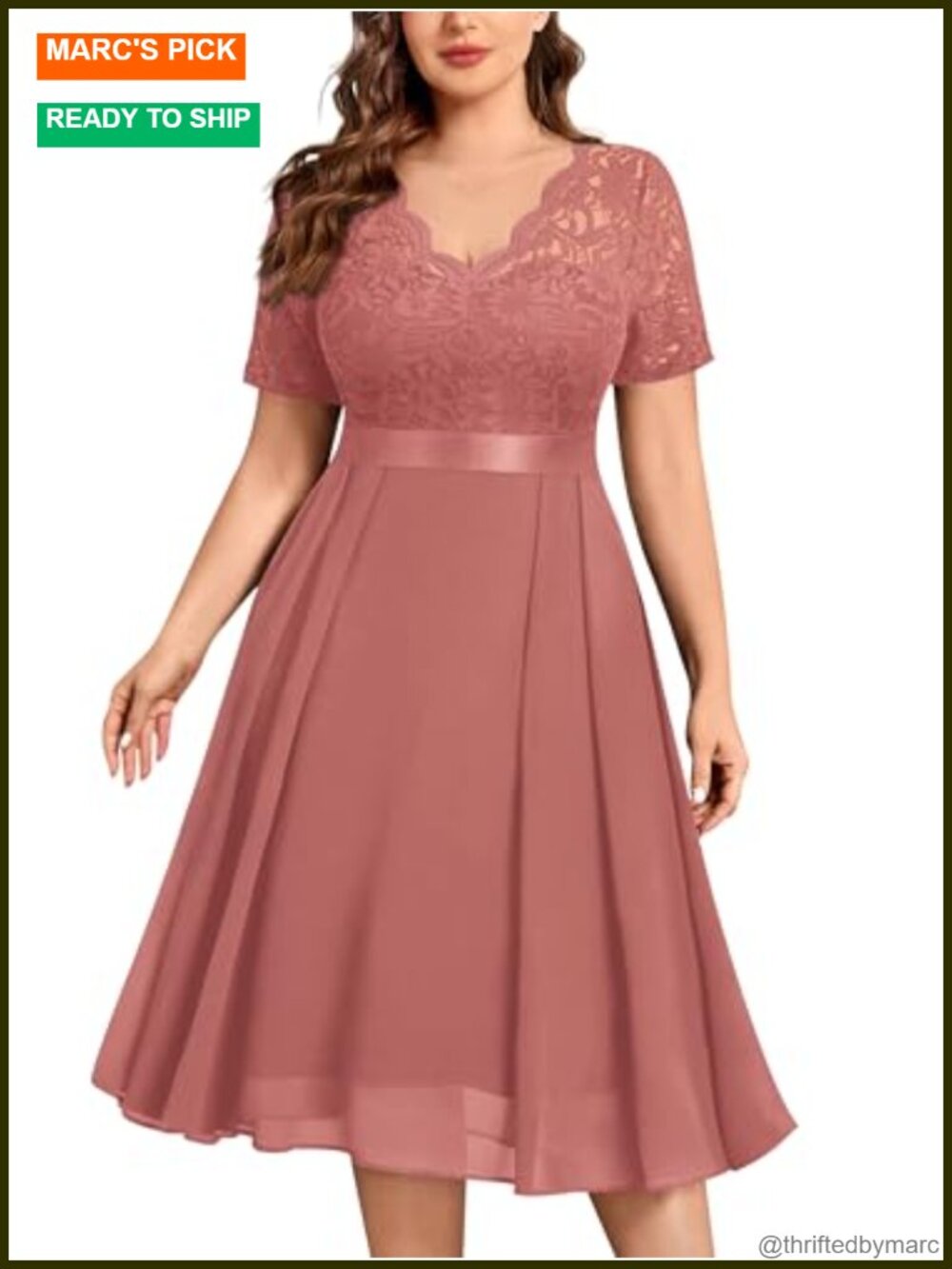 Plus Size Lace Chiffon Midi Cocktail Dress V-Neck Short Sleeve